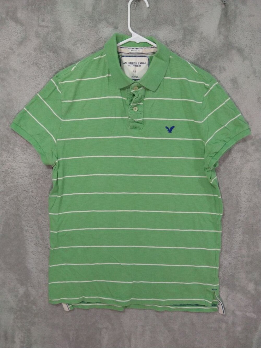 American Eagle Shirt Mens Large Green Striped Polo Athletic Fit Short Sleeve